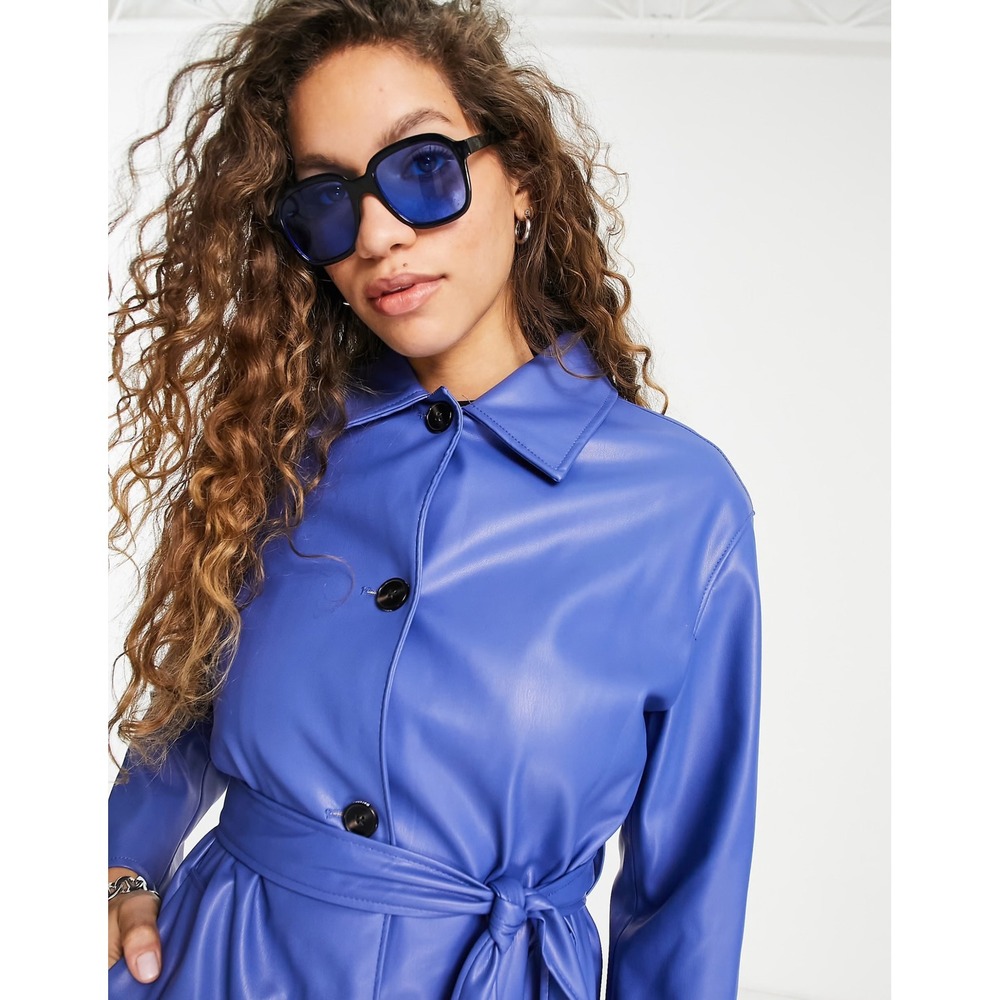 Bershka Blue Faux Leather Trench Coat Belted Long Jacket Womens Size Small